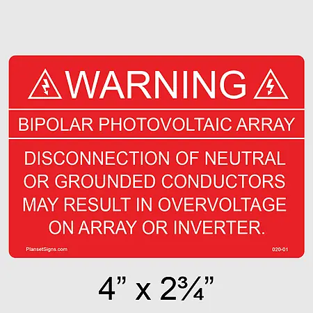 020-01 Warning Bipolar PV Array Label