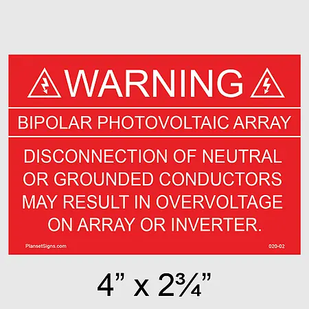 020-02 Warning Bipolar PV Array Placard