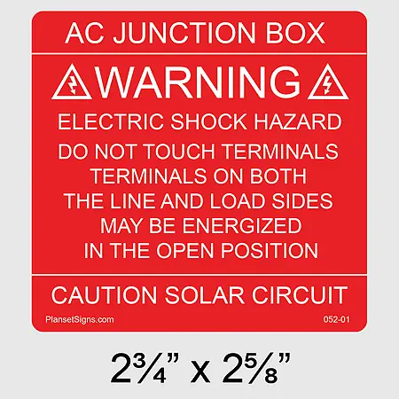 052-01 AC Junction Box Solar Warning Label