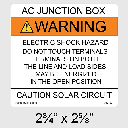 052-03 AC Junction Box Solar Warning Label