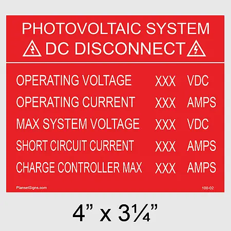 100-02 DC Disconnect Placard