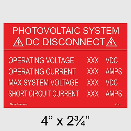 101-02 DC Disconnect Placard