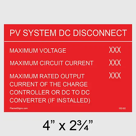 102-02 DC Disconnect Placard