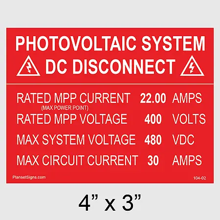 104-02 DC Disconnect Placard