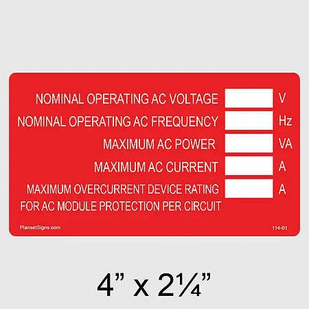114-01 Nominal Operating AC Voltage Label