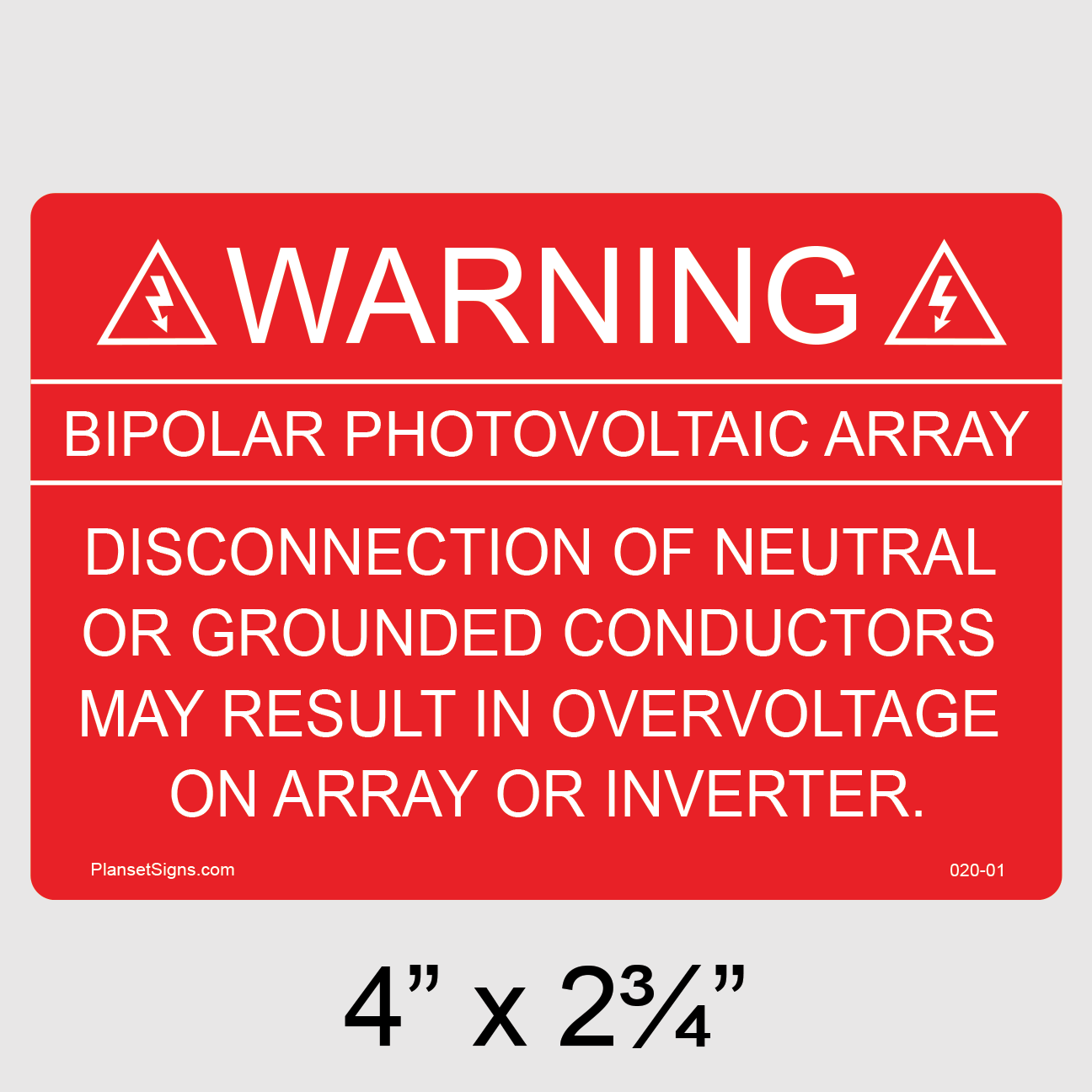 020-01 Warning Bipolar PV Array Label