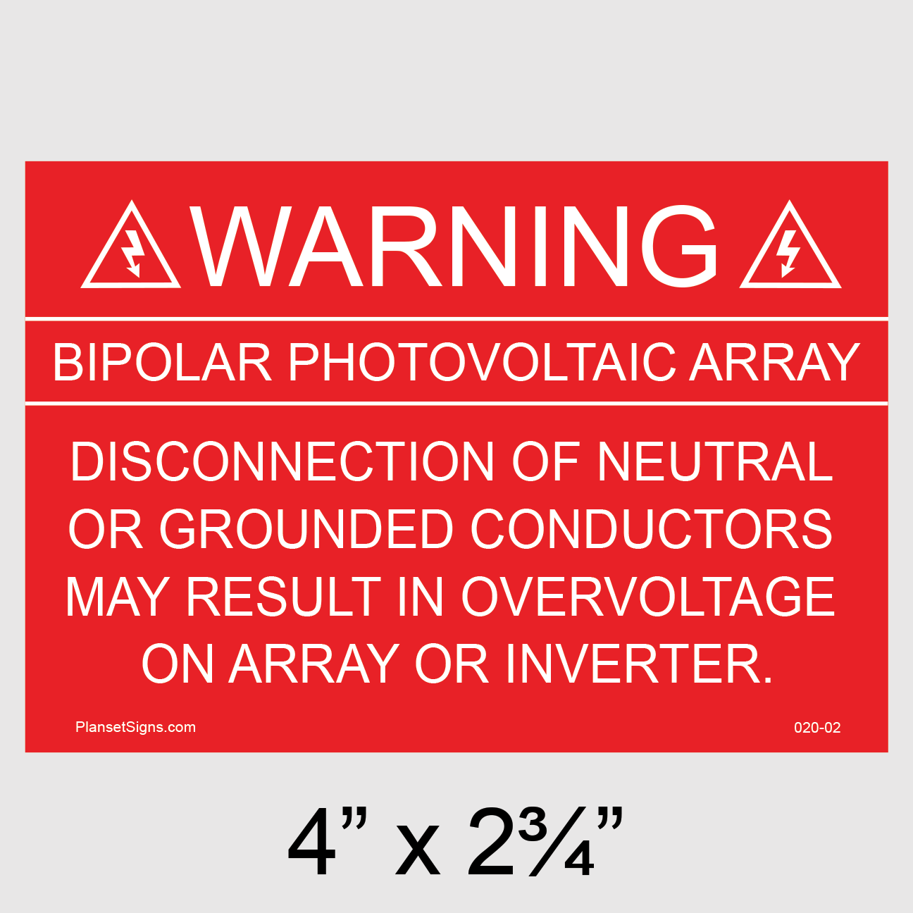 020-02 Warning Bipolar PV Array Placard