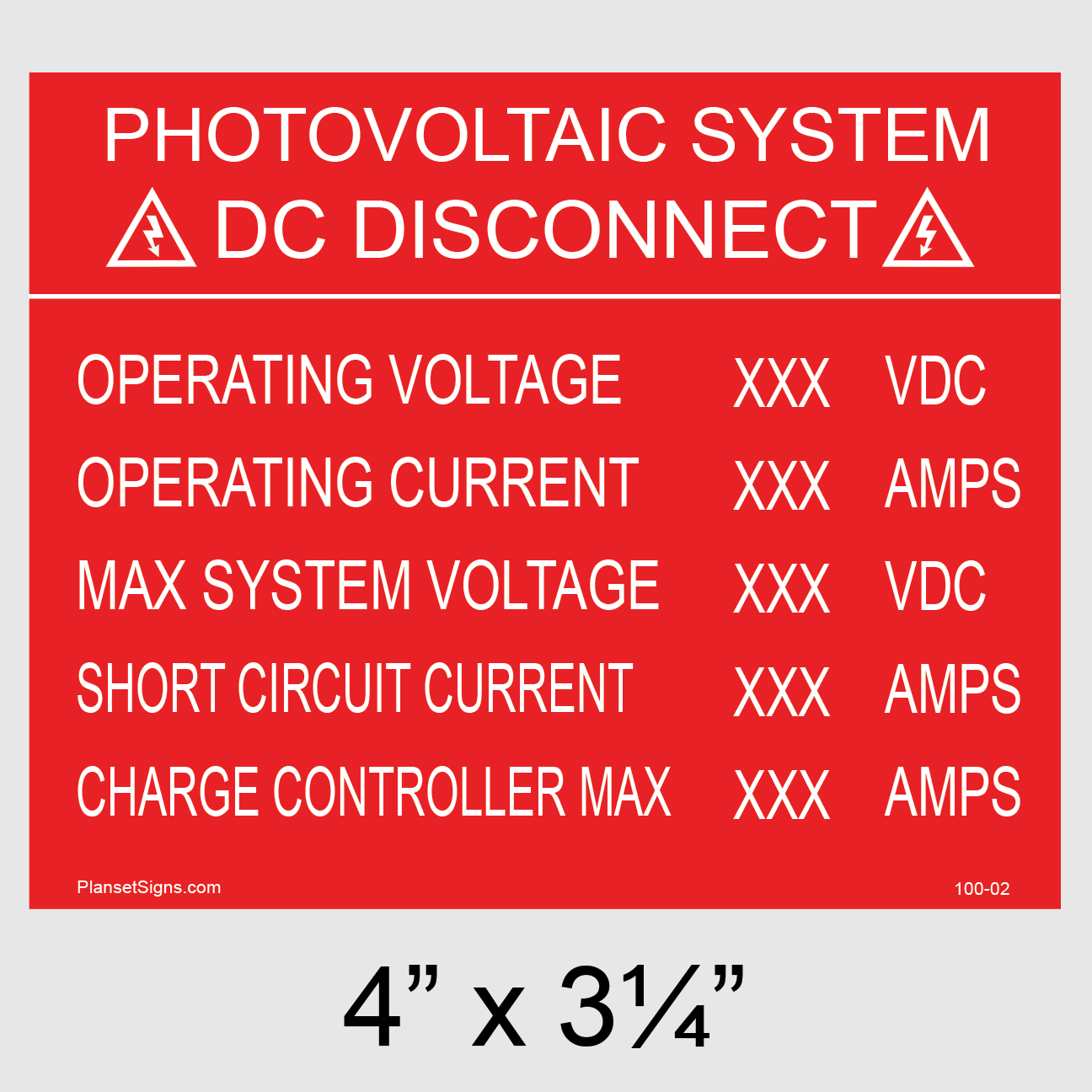 100-02 DC Disconnect Placard