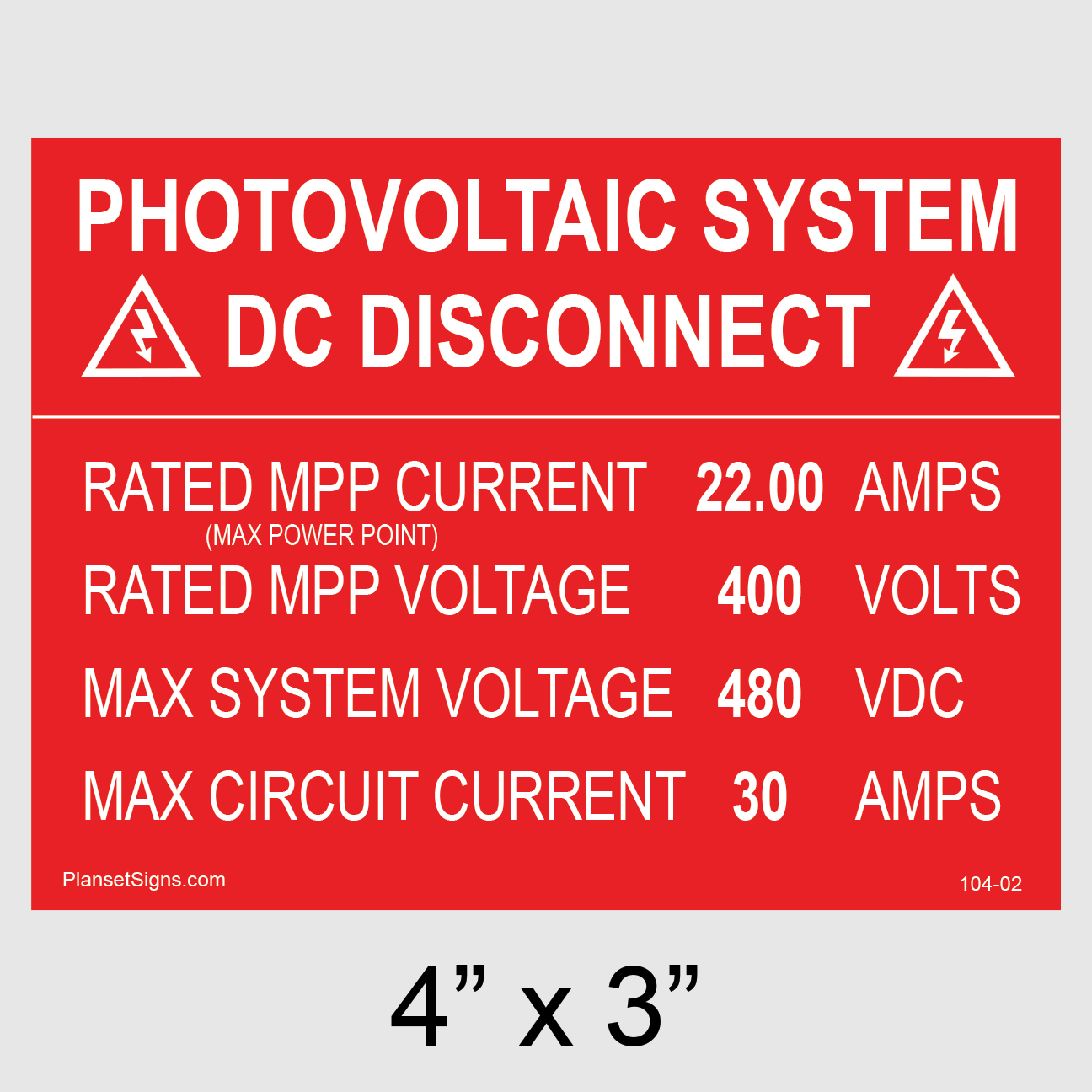 104-02 DC Disconnect Placard