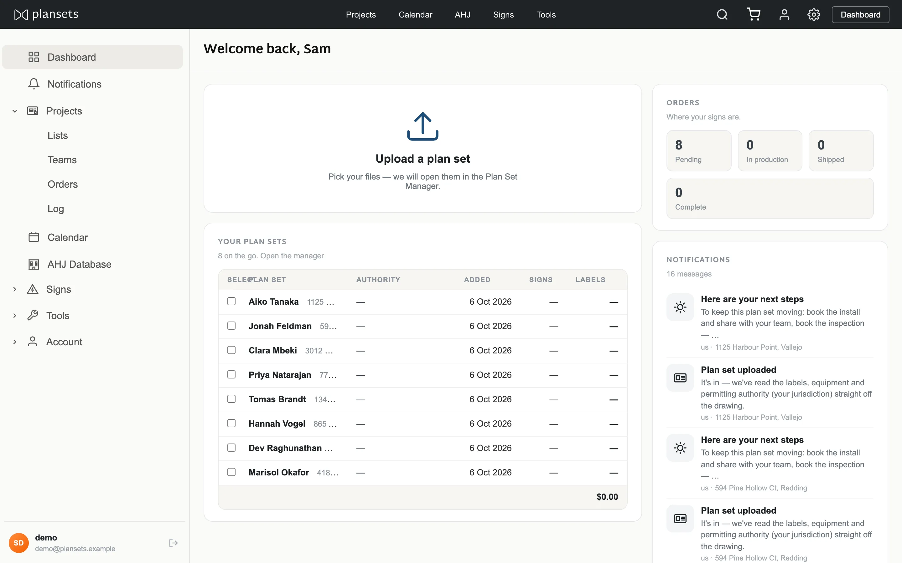 The Plansets.com dashboard