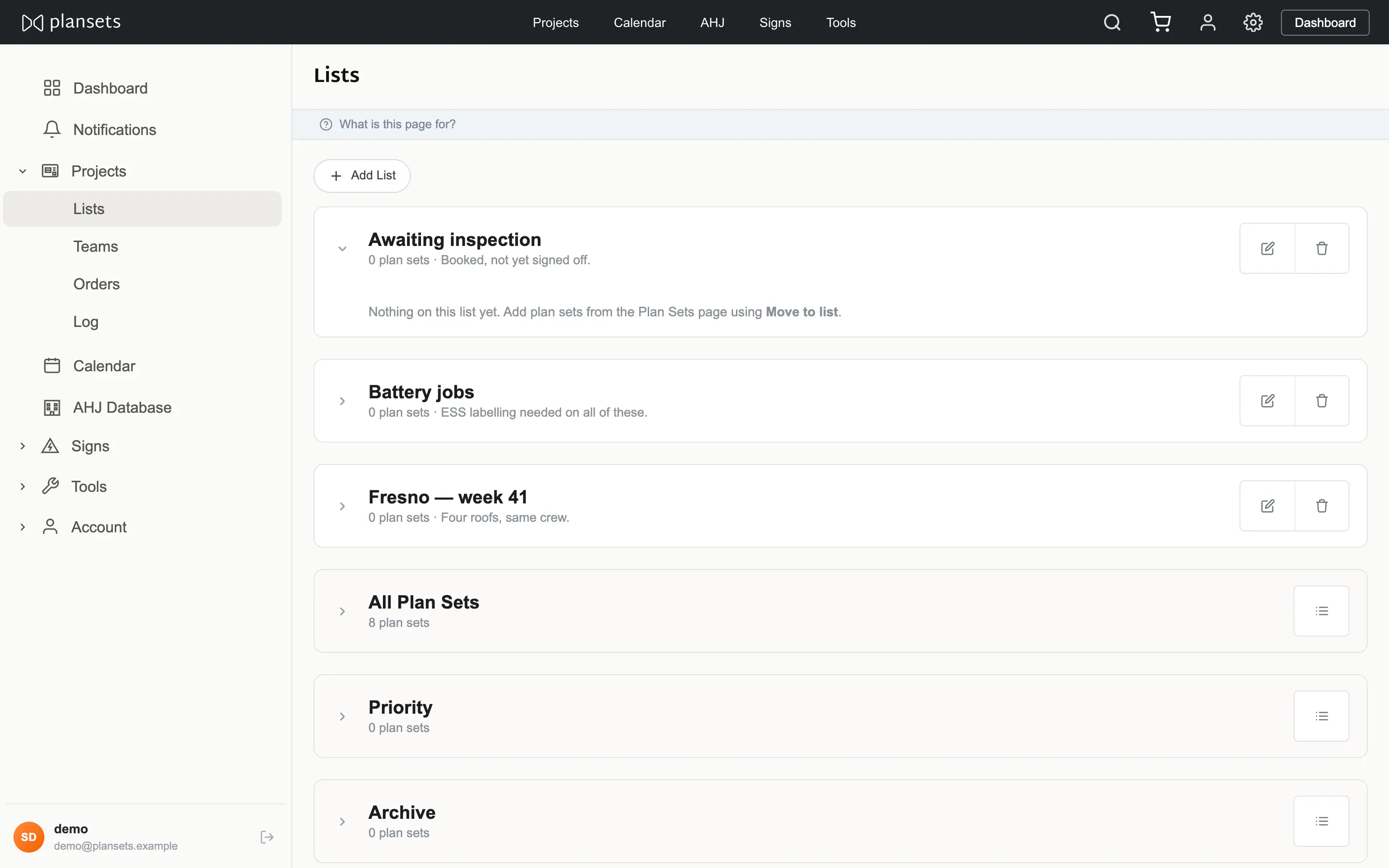 The lists page
