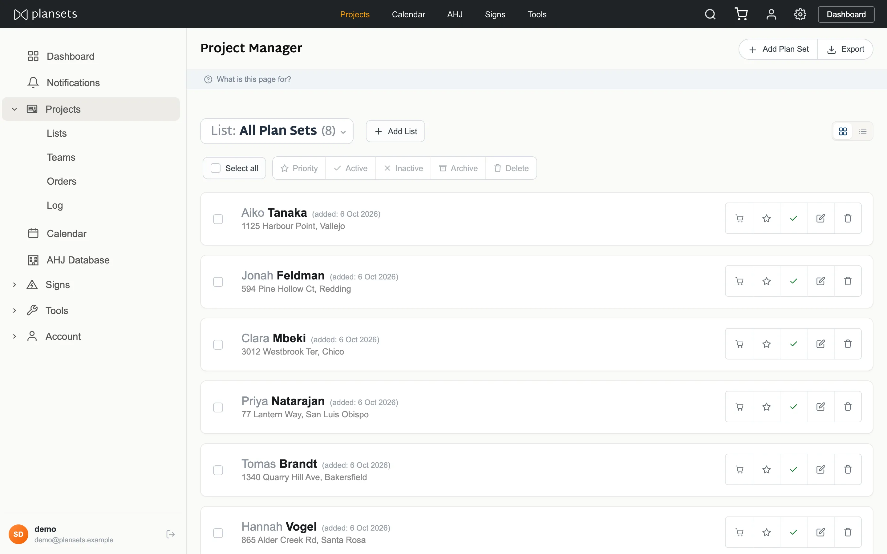 The projects page