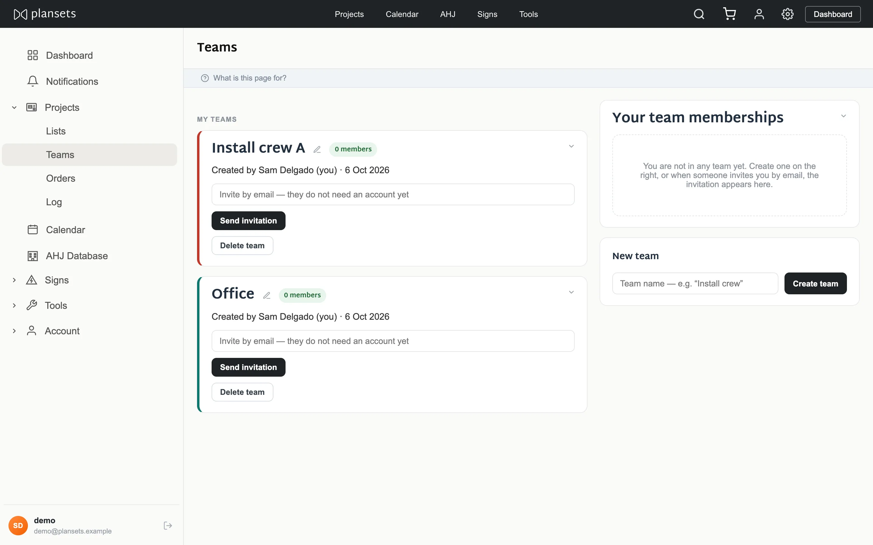 The teams page